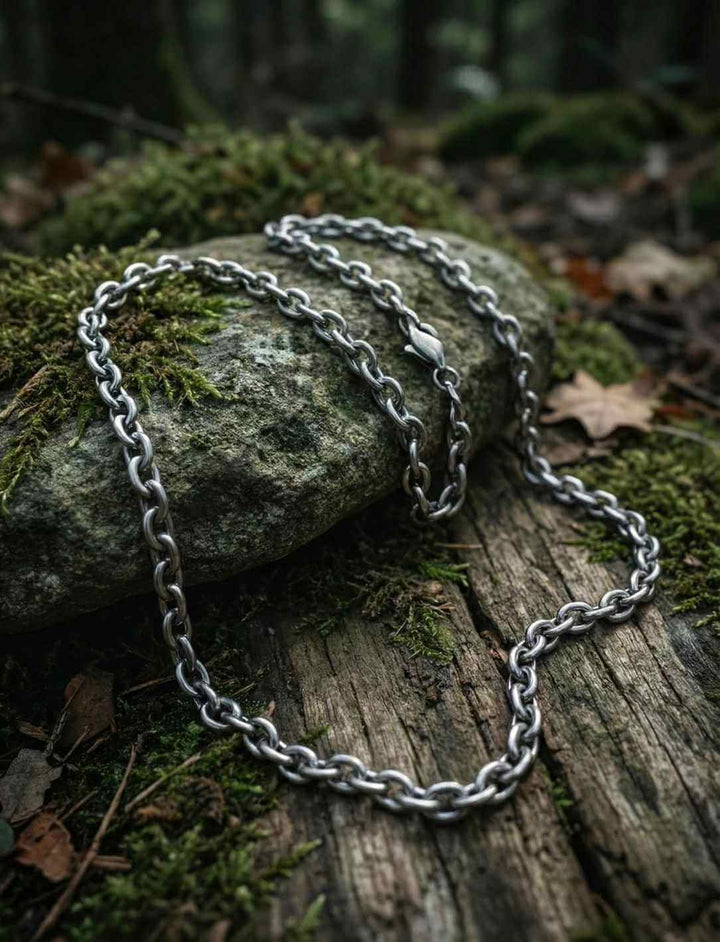 Silberfarbene Edelstahl Gliederkette auf moosbewachsenem Stein im Wald