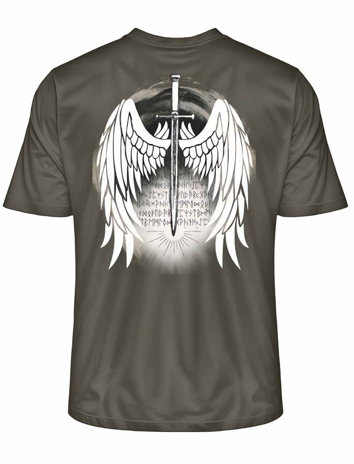 Klinge des Runenwächters T-Shirt in Khaki, mit detailreichem Backprint von Runenschrift und Flügeln für Wikinger-Fans.