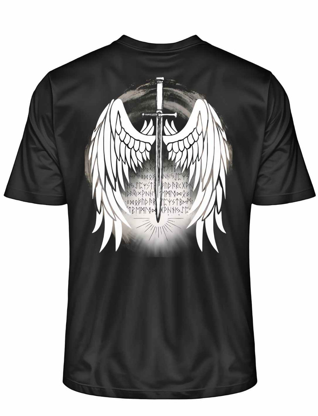 Klinge des Runenwächters T-Shirt in Schwarz mit eindrucksvollem Backprint von Walkürenflügeln und Runenschrift