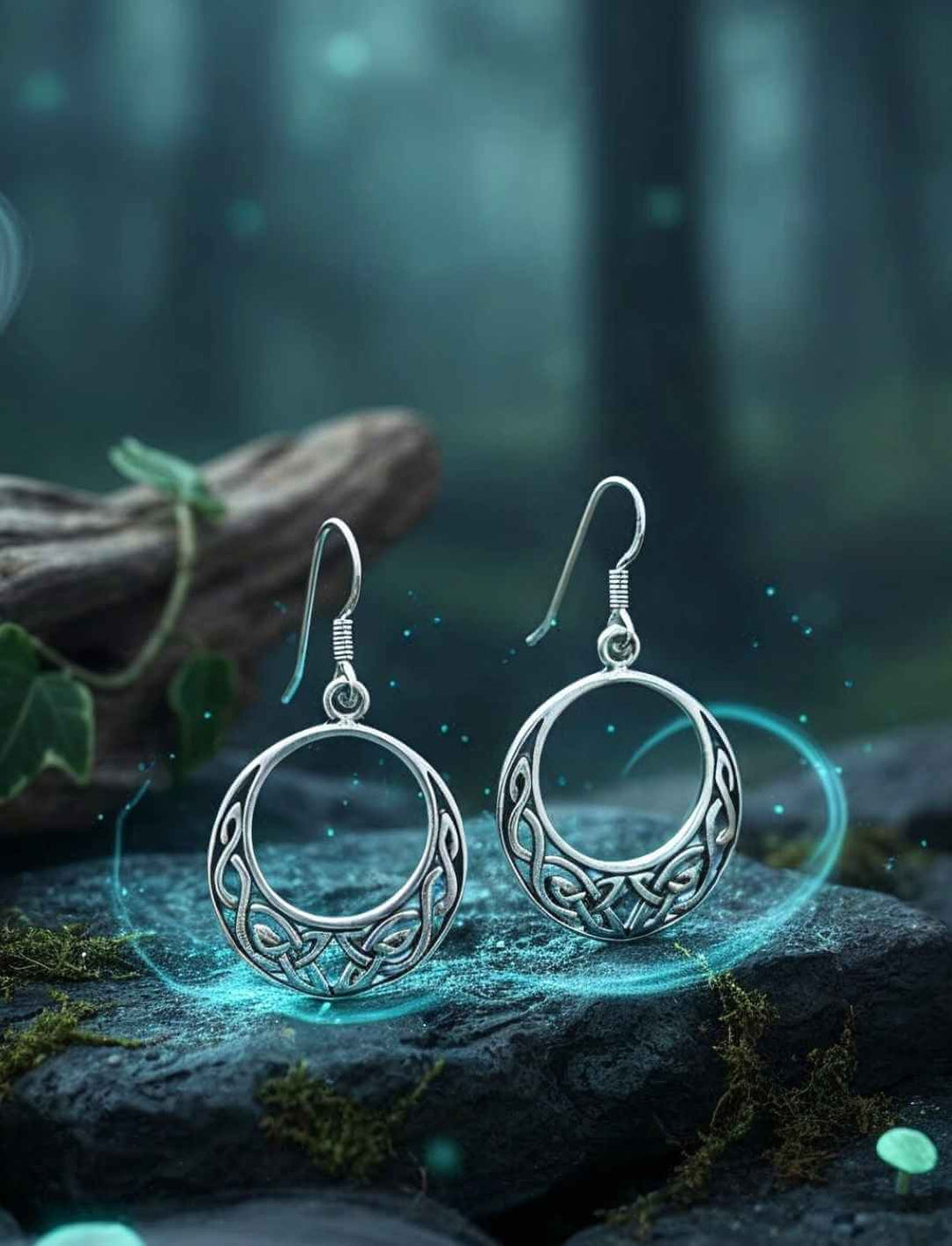 Keltische Knotenohrringe aus Sterling Silber vor mystischem Waldhintergrund