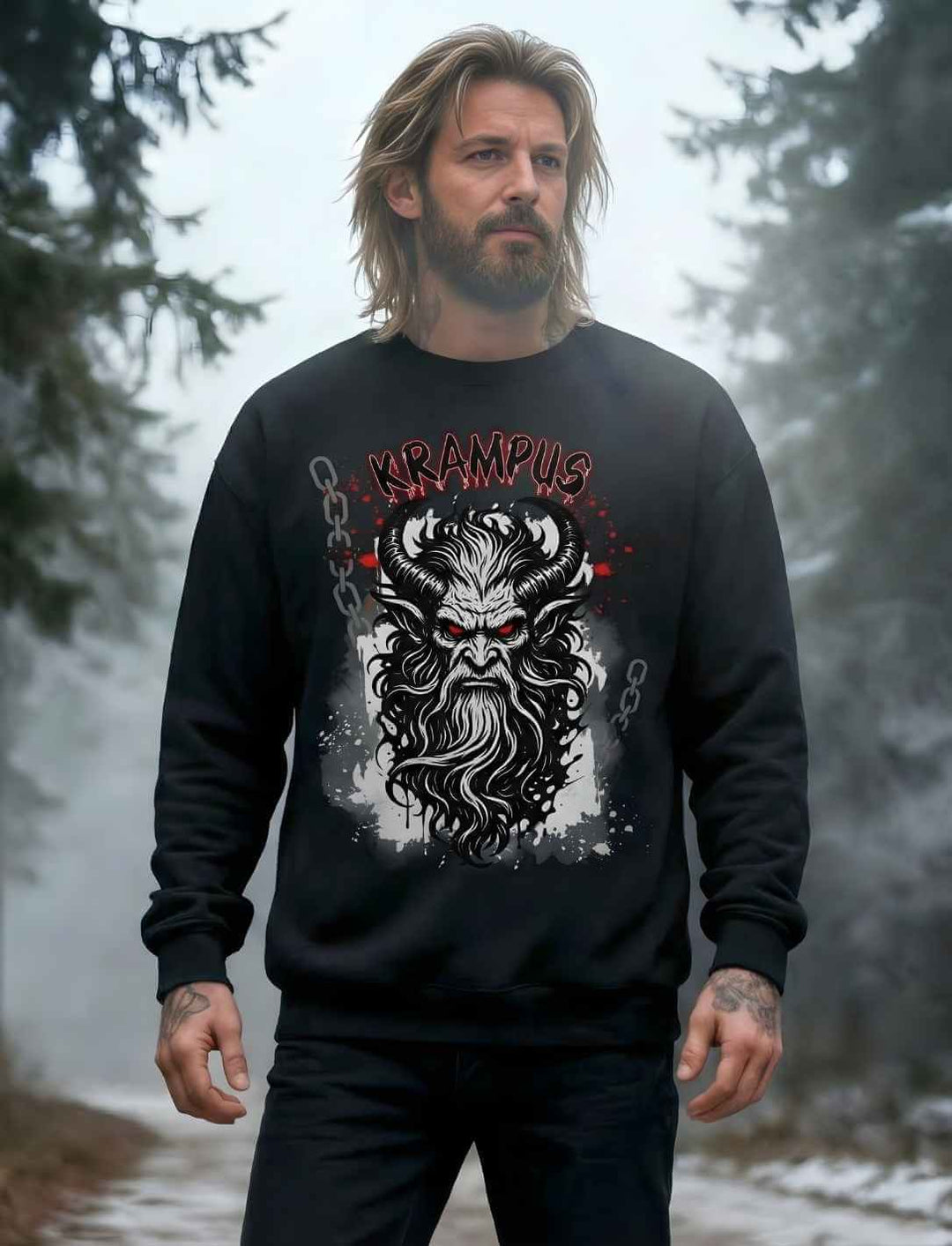 Modell trägt Krampus Oversized Sweatshirt – Rauhnacht Motiv im Winterwald