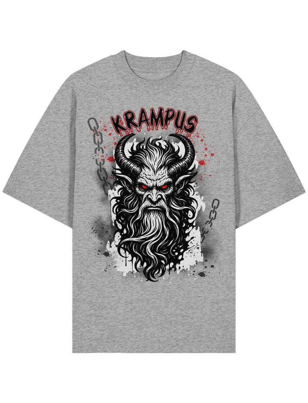 Grau meliertes Oversized Shirt mit Krampus-Motiv und dunklen Konturen