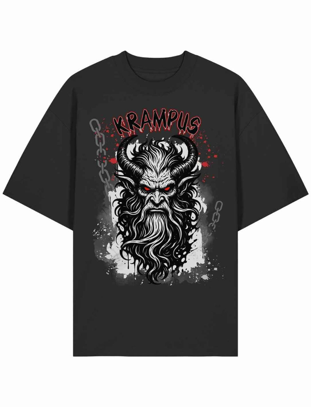 Schwarzes Oversized Shirt mit Krampus-Motiv in rot, weiß und schwarz
