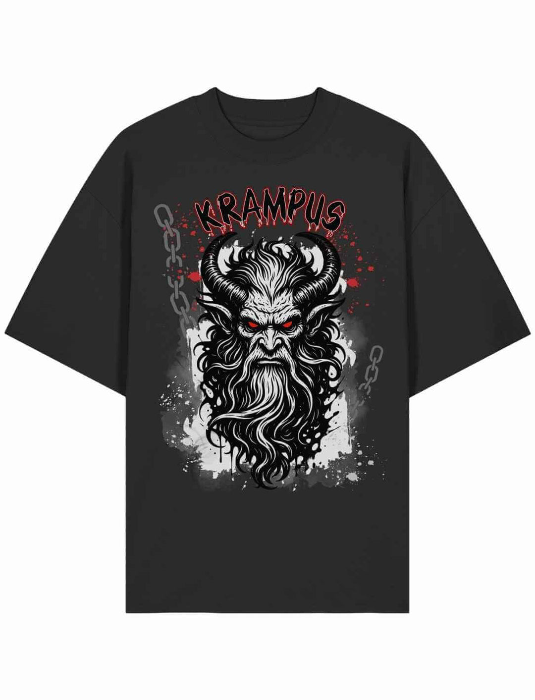 Schwarzes Oversized Shirt mit Krampus-Motiv in rot, weiß und schwarz