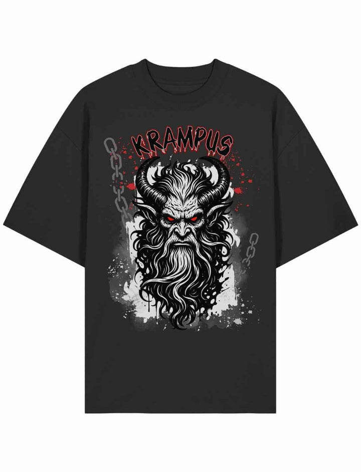 Schwarzes Oversized Shirt mit Krampus-Motiv in rot, weiß und schwarz
