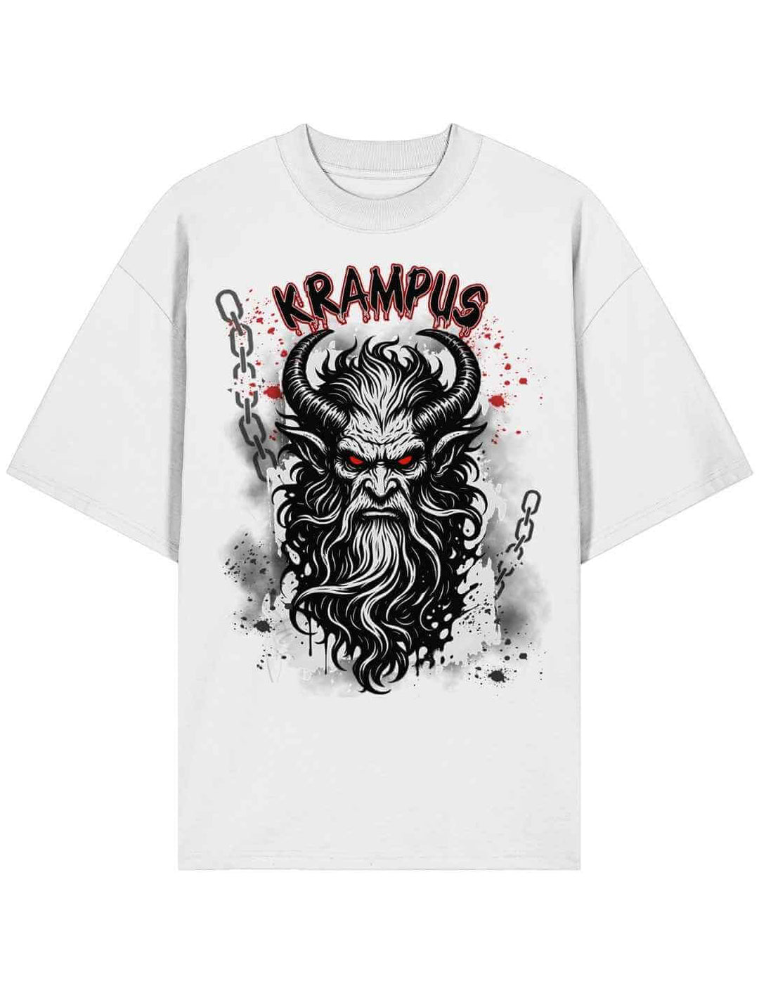 Weißes Oversized Shirt mit Krampus-Motiv und kontrastreichem Druck