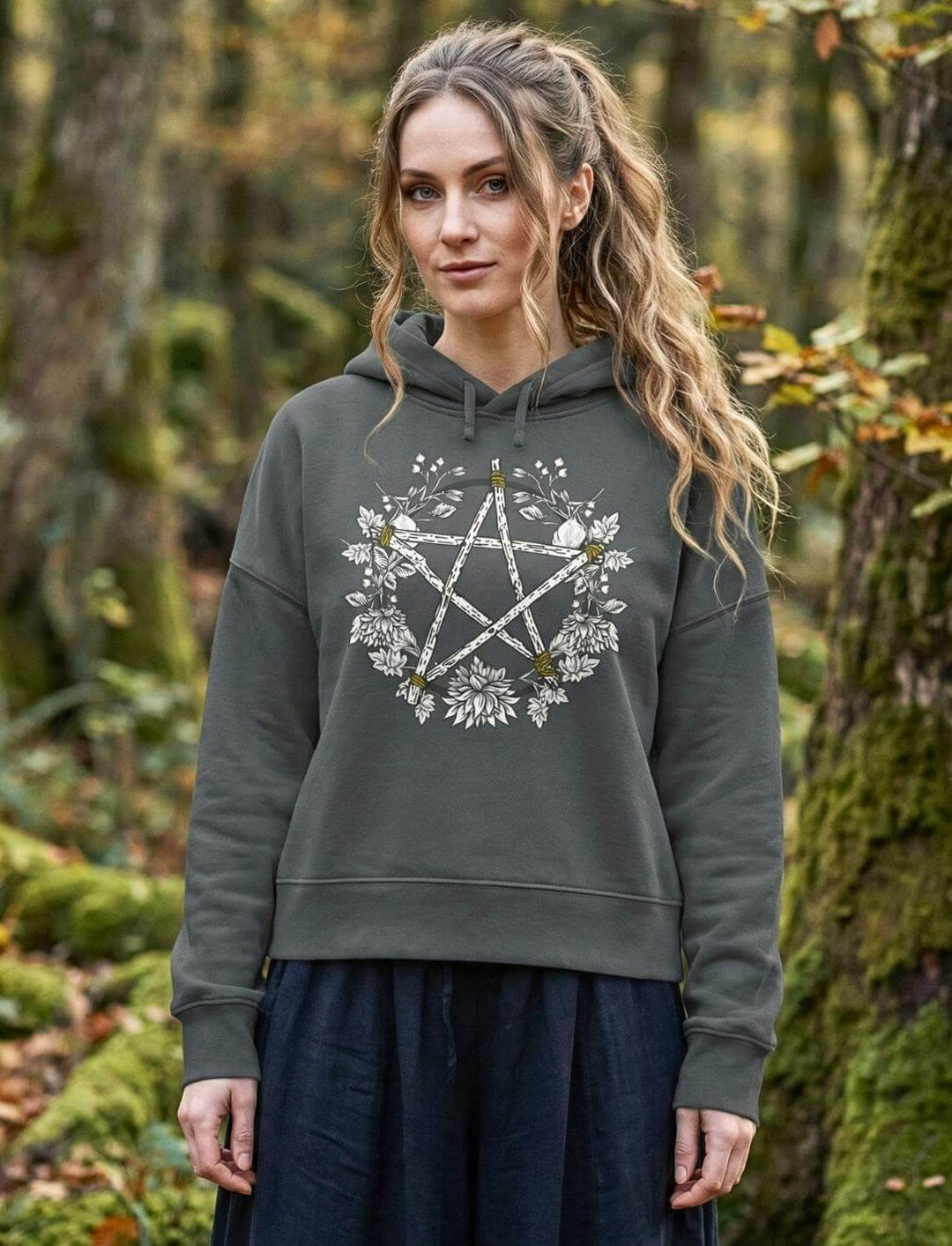 Anthrazit Damen Boxcut Hoodie mit Pentakel der fünf Elemente – Kreis der Elemente