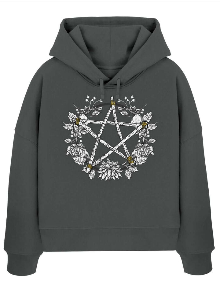 Anthrazit Damen Boxcut Hoodie mit Pentakel der fünf Elemente – Kreis der Elemente