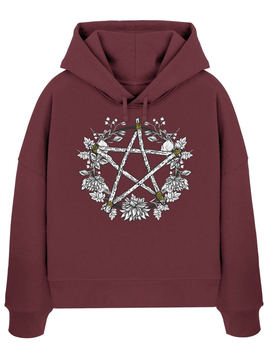 Burgund Damen Boxcut Hoodie mit Pentakel der fünf Elemente – Wicca Motiv Runental