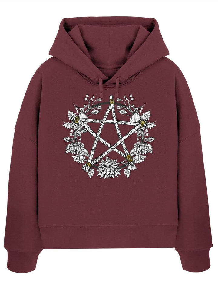 Burgund Damen Boxcut Hoodie mit Pentakel der fünf Elemente – Wicca Motiv Runental