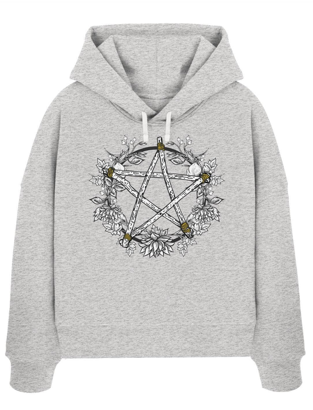 Cool Heather Grey Damen Boxcut Hoodie mit Pentakel Motiv – Kreis der Elemente Runental