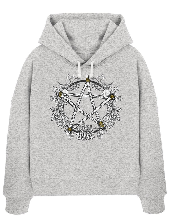 Cool Heather Grey Damen Boxcut Hoodie mit Pentakel Motiv – Kreis der Elemente Runental