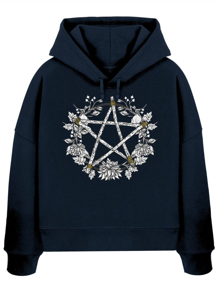 French Navy Boxcut Hoodie mit Pentakel Motiv – Kreis der Elemente Bio Damen Hoodie