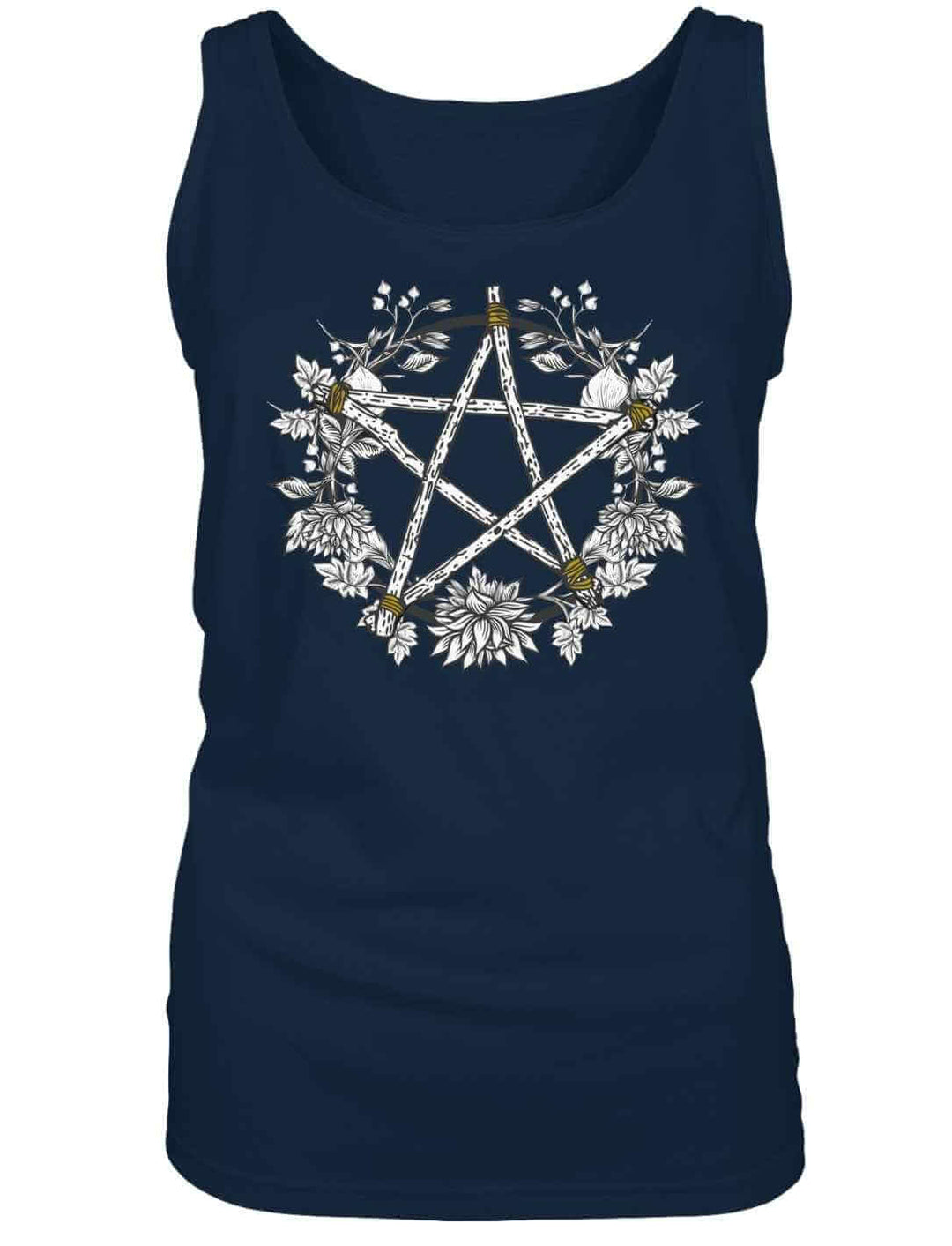 Navy Damen Tank Top mit floraler Pentakel-Grafik im Kreis, weich fallend, leicht taillierter Schnitt.