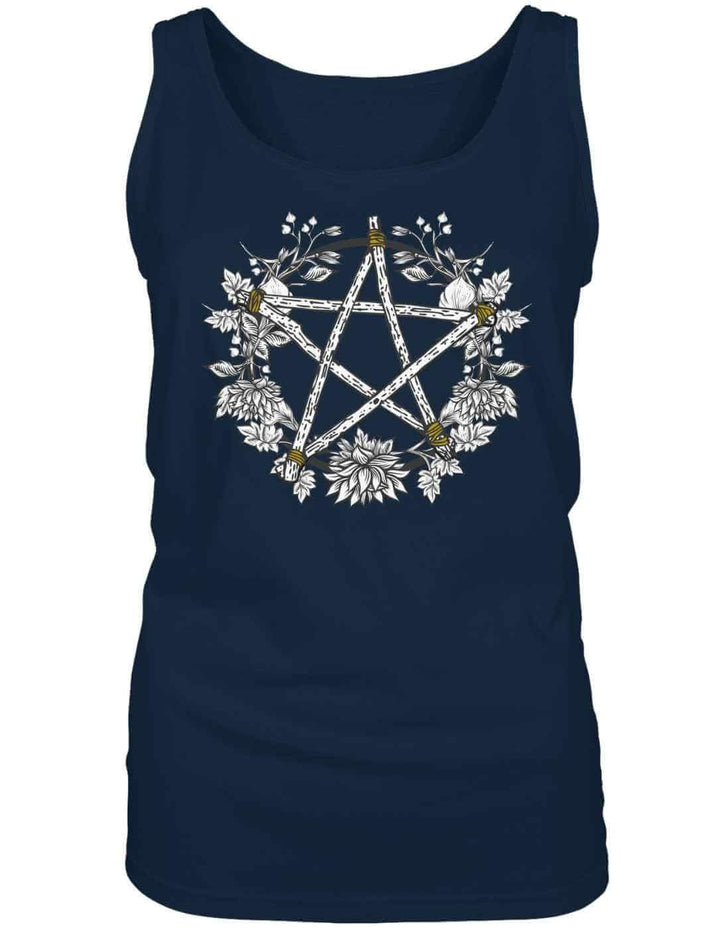 Navy Damen Tank Top mit floraler Pentakel-Grafik im Kreis, weich fallend, leicht taillierter Schnitt.