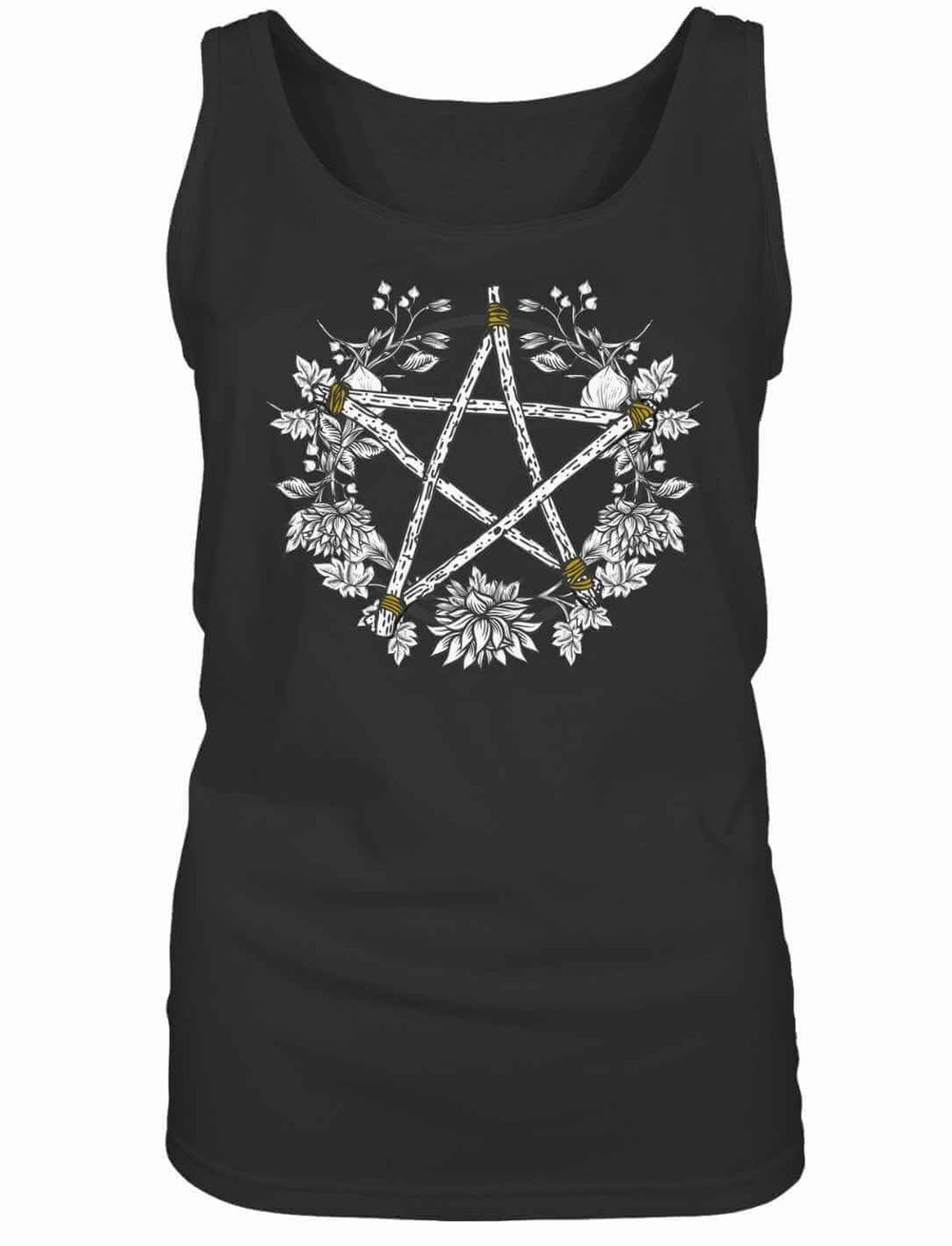 Schwarzes Damen Tank Top mit floralem Pentakel im Kreis der Elemente, Softtouch Baumwolle, leicht körperbetonte Passform.