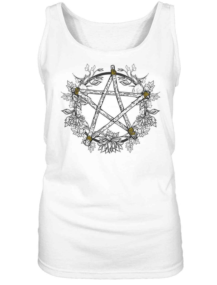 Weißes Damen Tank Top mit filigranem Pentakel-Elemente-Motiv, feminine Passform, leichter Baumwollstoff.