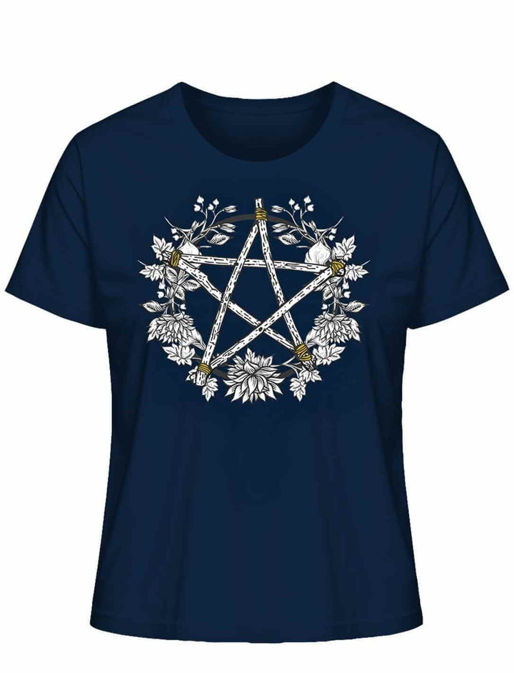 Navy Damen Bio Shirt mit Pentakel der fünf Elemente – organisches Wicca Motiv