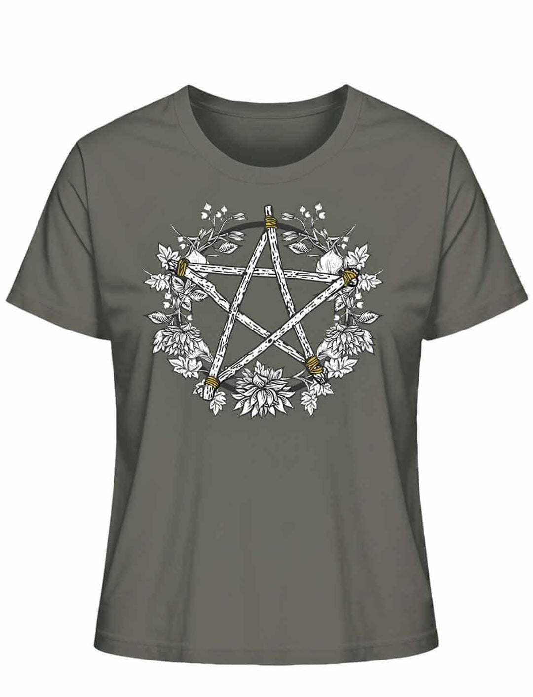 Khaki Damen Organic Shirt mit Pentakel Motiv – Kreis der Elemente Bio Baumwolle