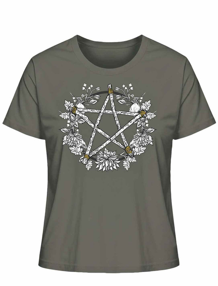 Khaki Damen Organic Shirt mit Pentakel Motiv – Kreis der Elemente Bio Baumwolle