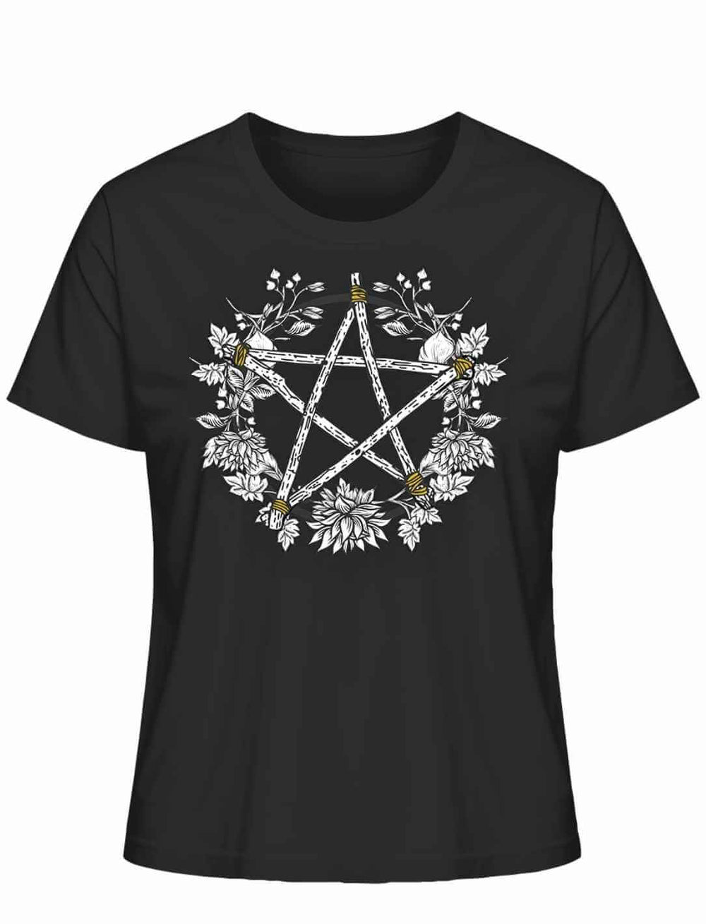 Schwarzes Damen Bio Shirt mit Pentakel Motiv – Kreis der fünf Elemente Wicca