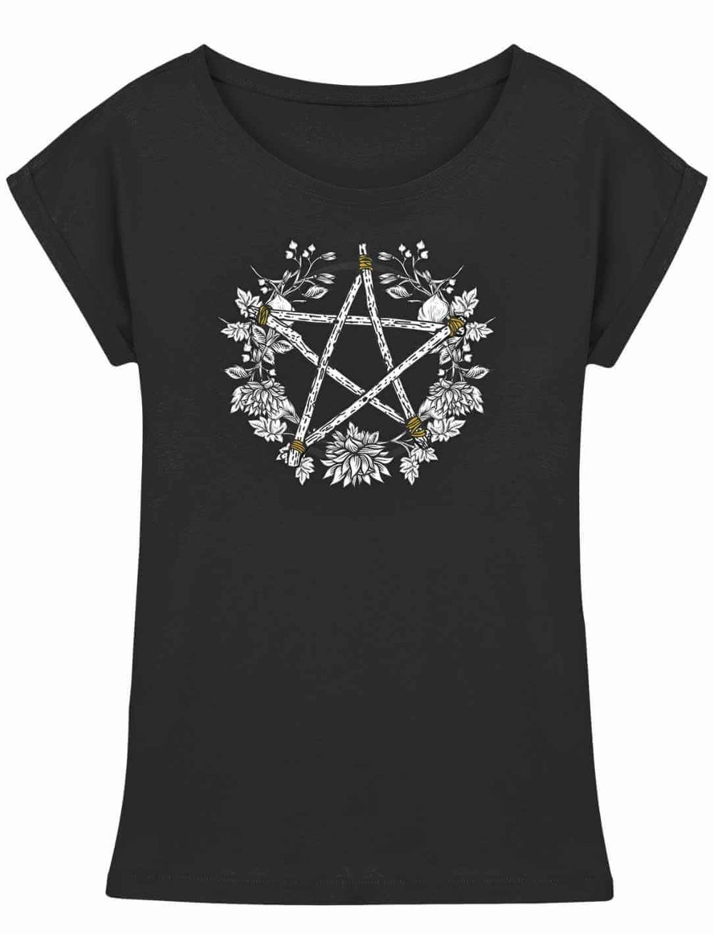 Schwarzes Damen Long Fit Shirt mit organischem Pentakel Motiv – Kreis der fünf Elemente