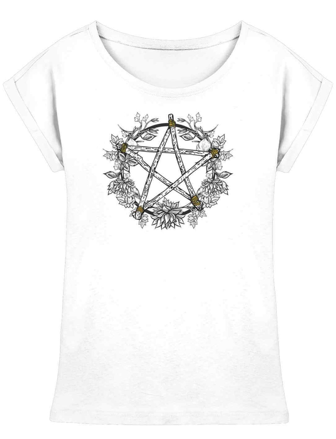 Weißes Damen Shirt mit Pentakel der fünf Elemente – organisches Wicca Motiv