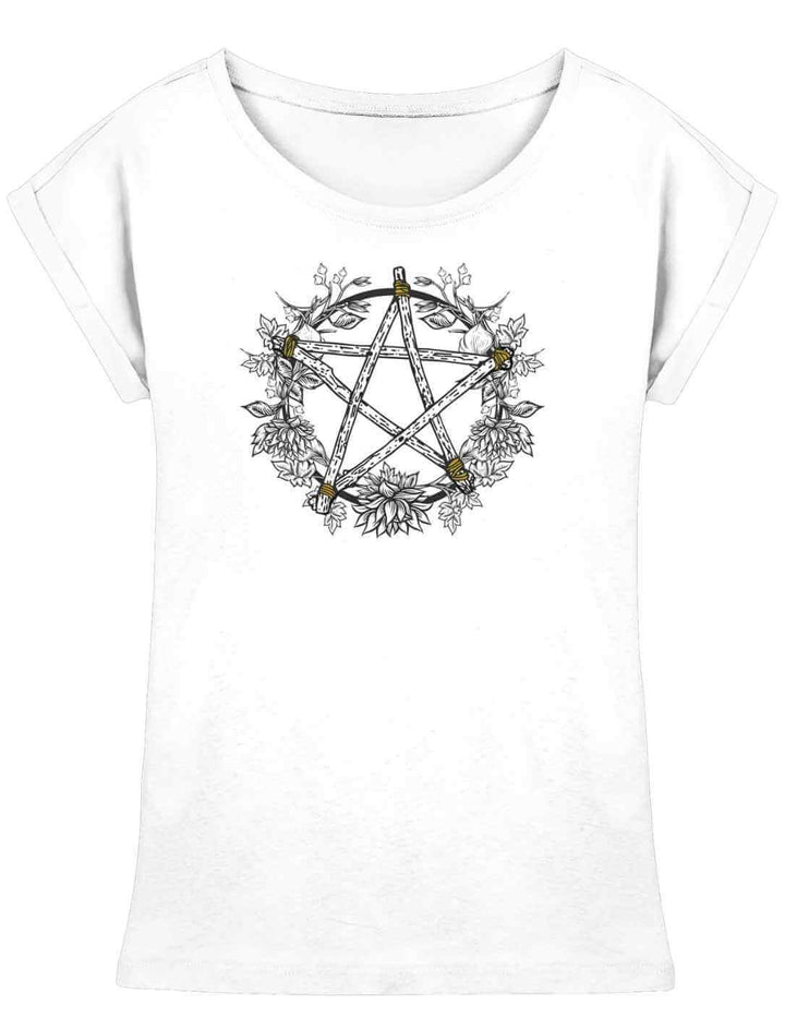 Weißes Damen Shirt mit Pentakel der fünf Elemente – organisches Wicca Motiv
