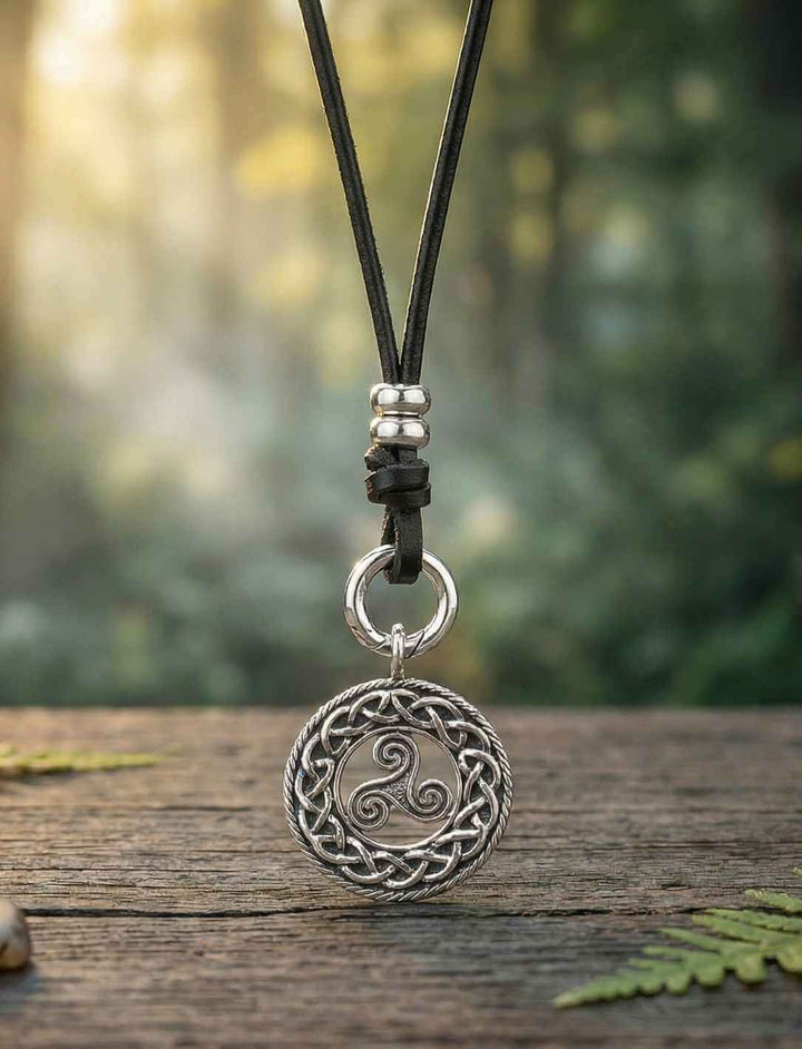 Keltische Triskele Silberkette mit Band des Waldläufers aus Leder