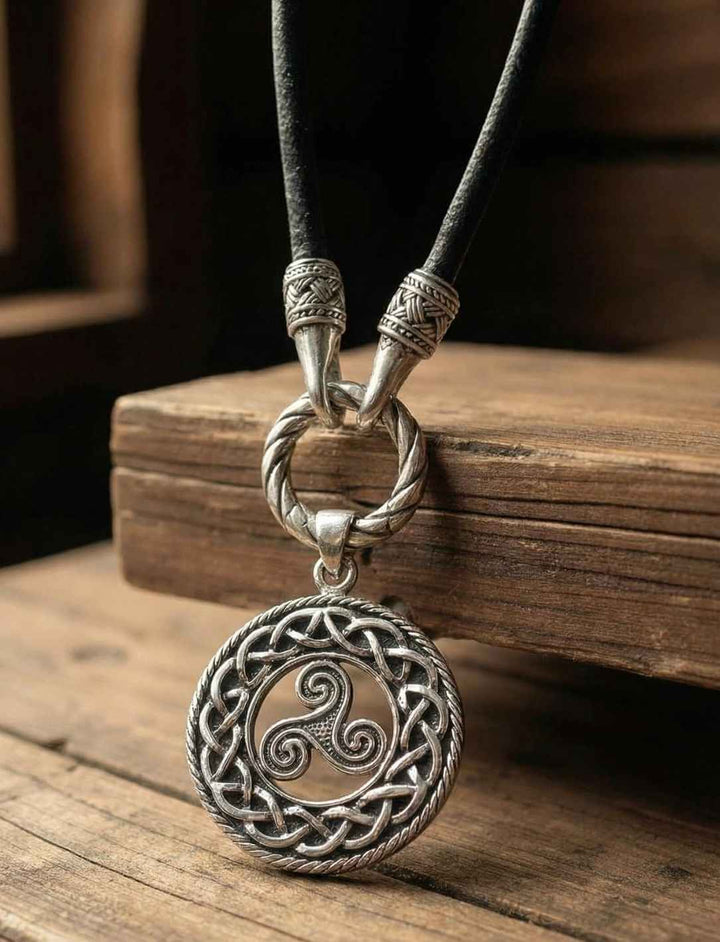 Keltische Triskele Silberkette mit Band des Hüters aus Leder