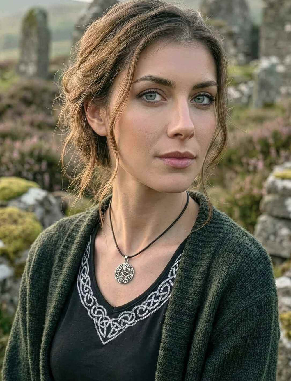 Frau trägt keltische Triskele Silberkette mit Lederband in keltischer Landschaft