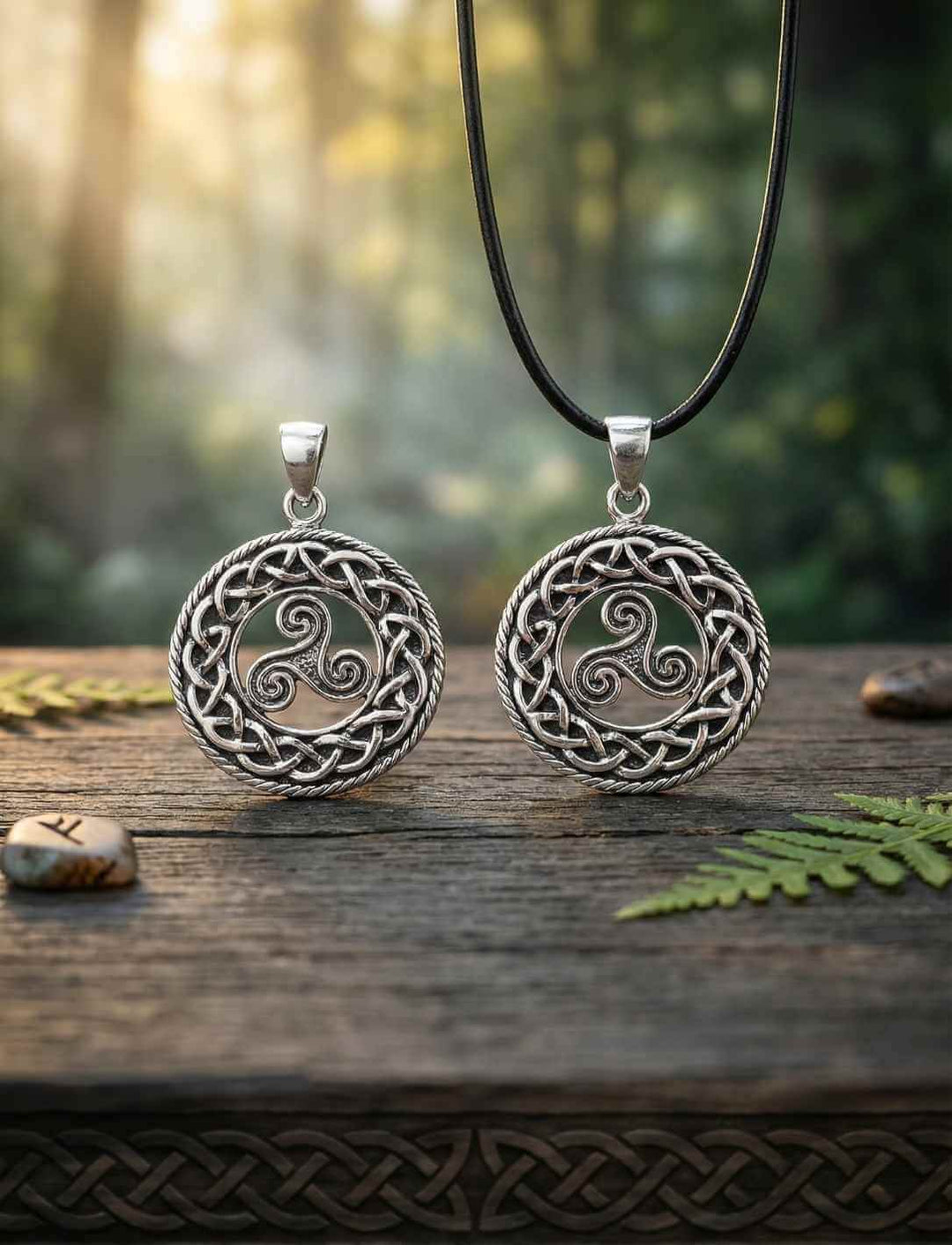 Keltischer Triskele Silberanhänger ohne Kette und mit schwarzem Lederband