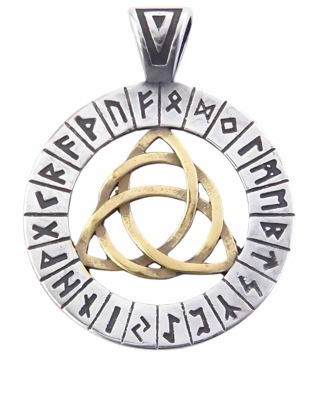 Kreis der alten Kräfte: Edelstahlanhaenger mit keltischer Triquetra und nordischem Runenalphabet, beidseitig gearbeitet und zweifarbigem Design.