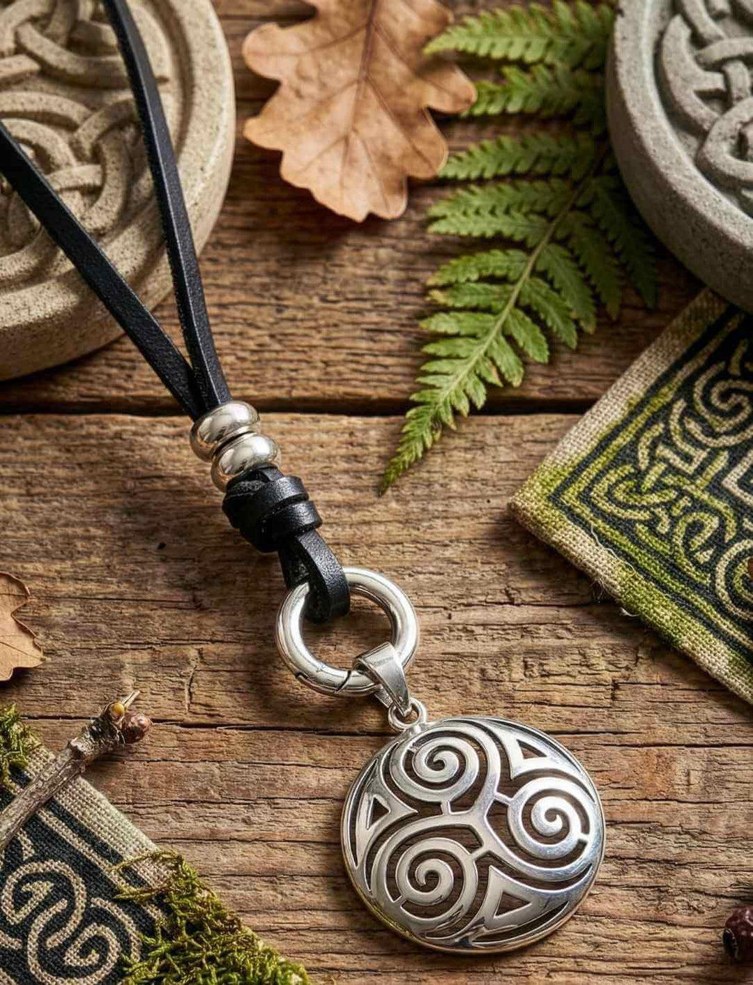Keltische Triskele Silberkette mit Band des Waldläufers Lederkette und Öffnungsclip