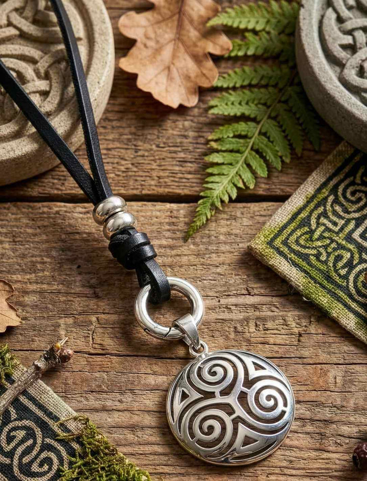 Keltische Triskele Silberkette mit Band des Waldläufers Lederkette und Öffnungsclip
