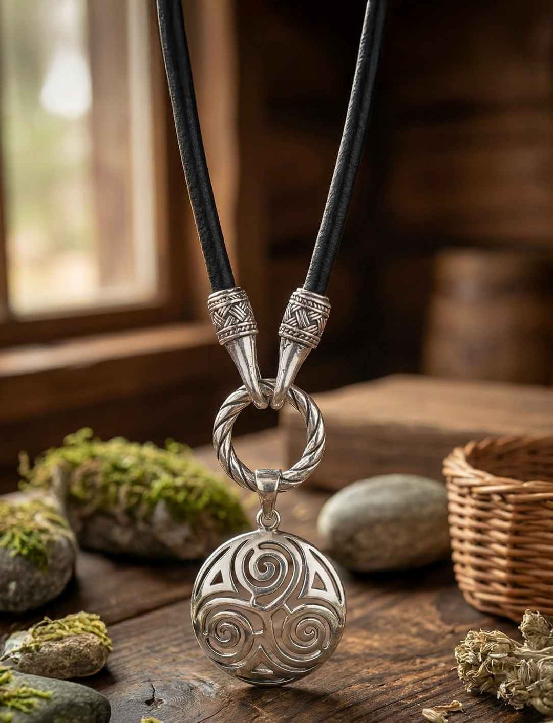 Runder keltischer Triskele Silberanhänger mit Band des Hüters Lederkette