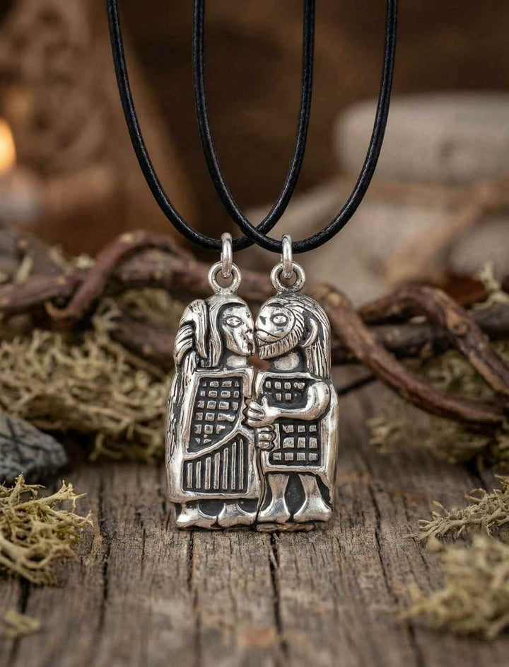 Wikinger Liebesanhänger vereint – Versilberter Bronzeanhänger mit einem küssenden Paar, inspiriert von historischen Guldgubbe-Motiven aus der Wikingerzeit.