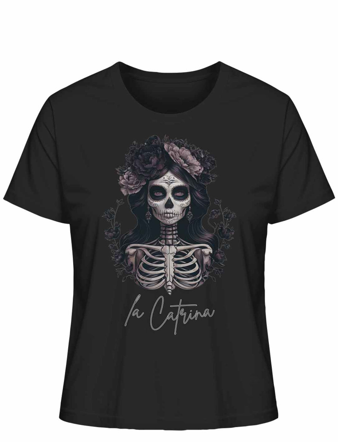 Catrina Deluxe Damen T-Shirt in Schwarz auf weißem Hintergrund, Frontalansicht – Mystisches Design mit La Catrina als Symbol mexikanischer Kultur.