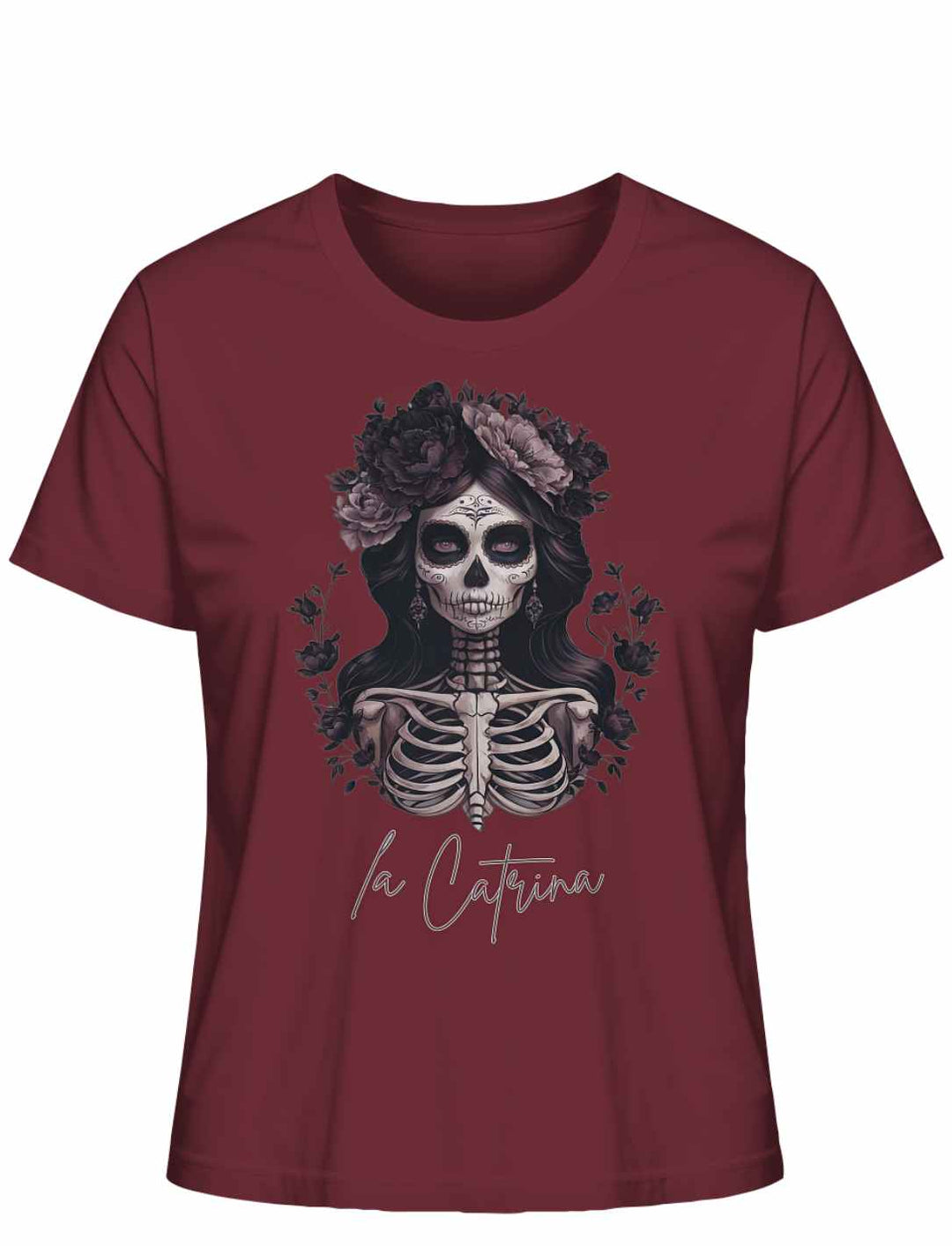 Catrina Deluxe Damen T-Shirt in Burgund auf weißem Hintergrund, Frontalansicht – Tiefrote Farbgebung mit mexikanischem Catrina-Design.