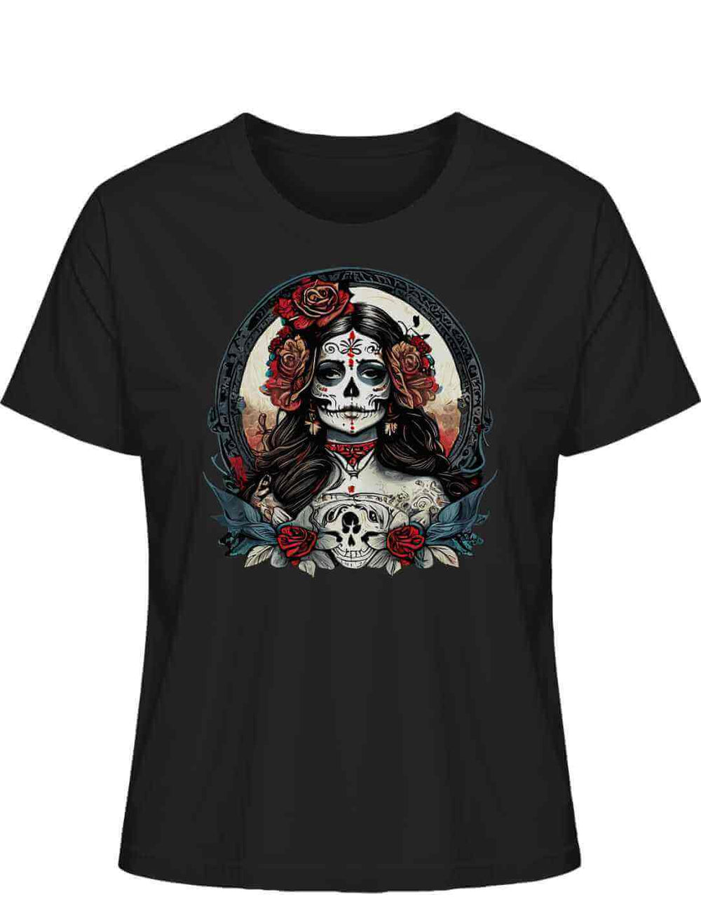 Damen La Catrina Shirt, Symbol des mexikanischen Totenfestes, aus Bio-Baumwolle in elegantem Schwarz – Runental.de