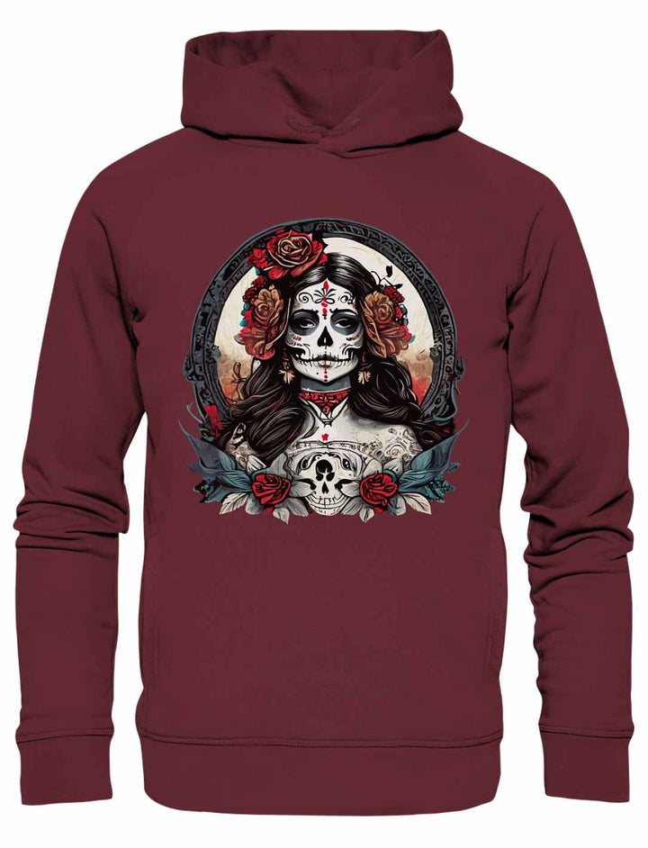 La Catrina Damen Organic Hoodie in Burgund, fotografiert auf weißem Hintergrund.