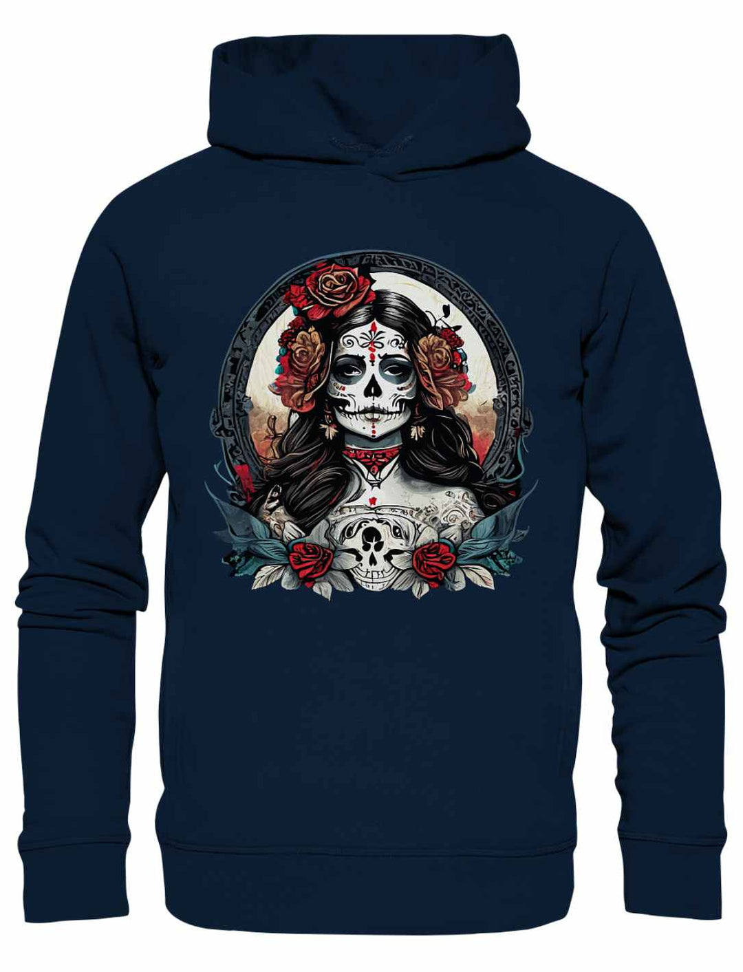 La Catrina Damen Organic Hoodie in French Navy, fotografiert auf weißem Hintergrund.