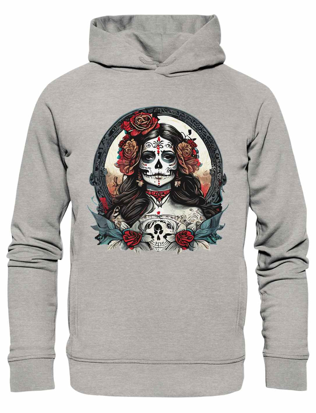 La Catrina Damen Organic Hoodie in Heather Grey, fotografiert auf weißem Hintergrund.