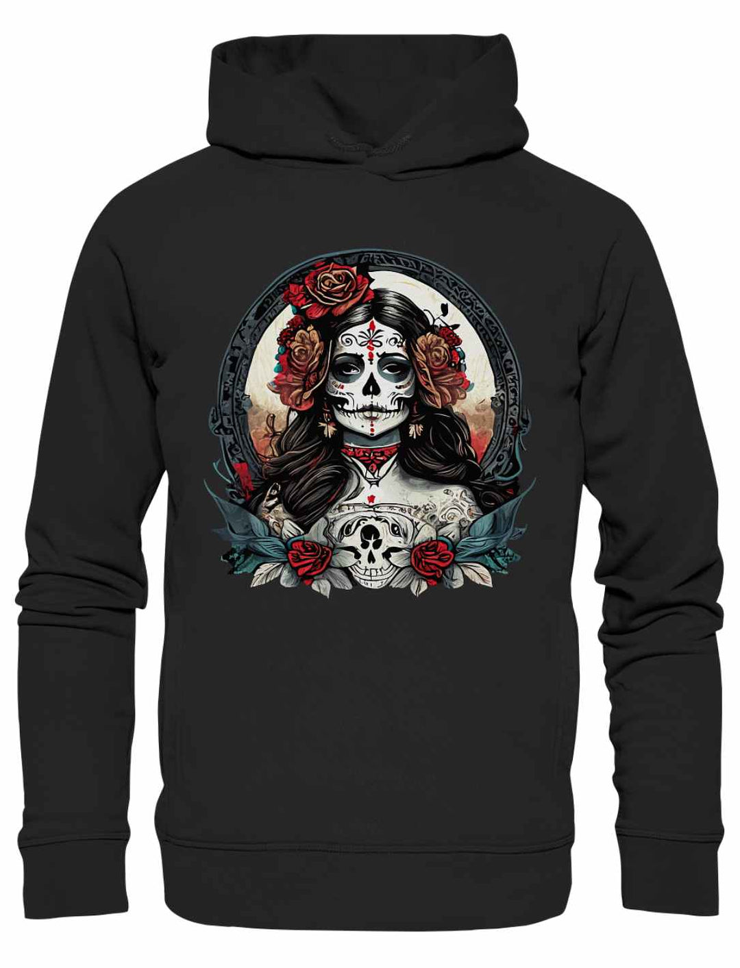 La Catrina Damen Organic Hoodie in Schwarz, fotografiert auf weißem Hintergrund.