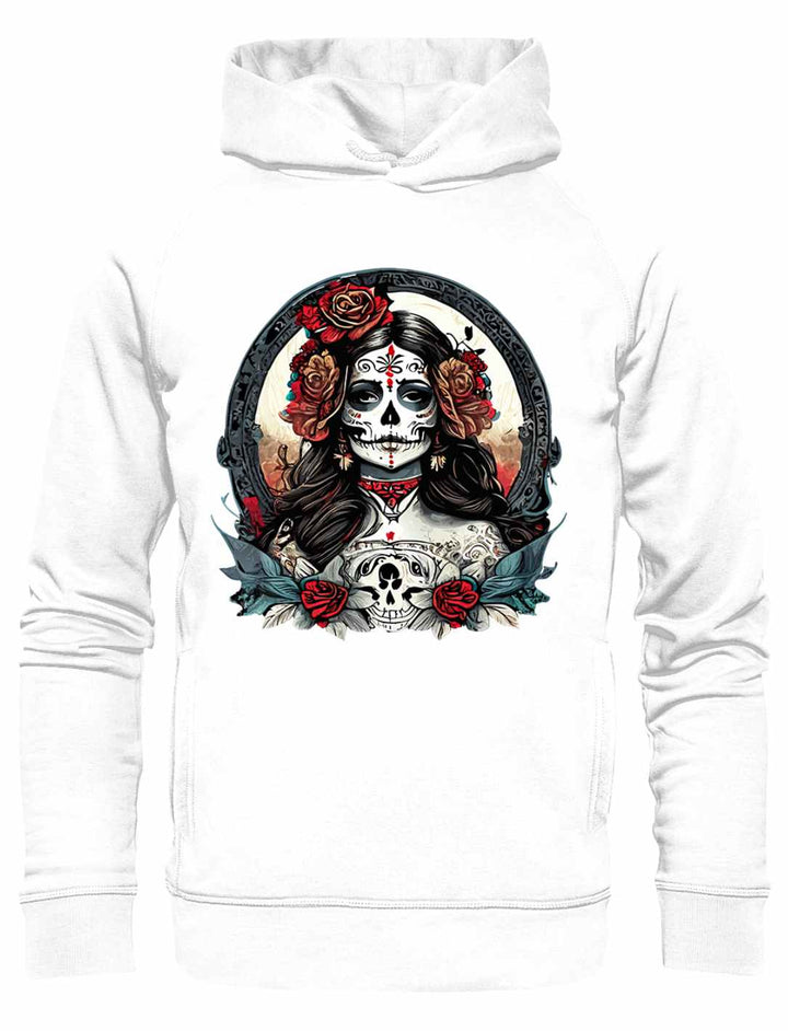 La Catrina Damen Organic Hoodie in Weiß, fotografiert auf weißem Hintergrund.