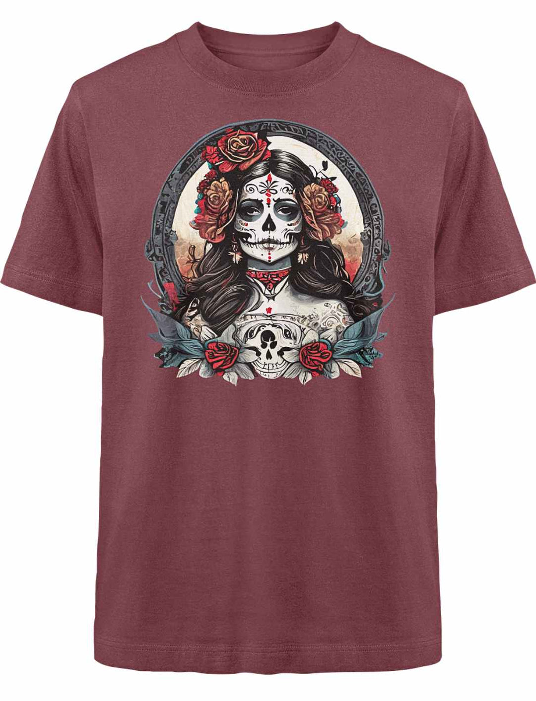 La Catrina Oversized Shirt in Burgund auf weißem Hintergrund, mexikanische Traditionen im Design.