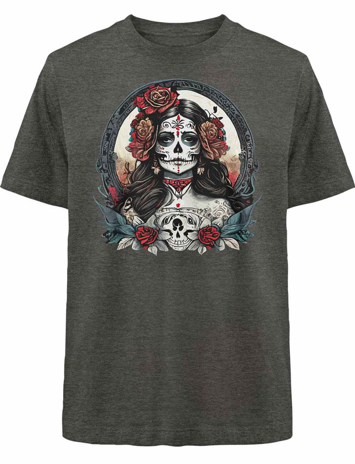 La Catrina Oversized Shirt in Dark Heather Grey auf weißem Hintergrund, inspiriert von La Catrina.