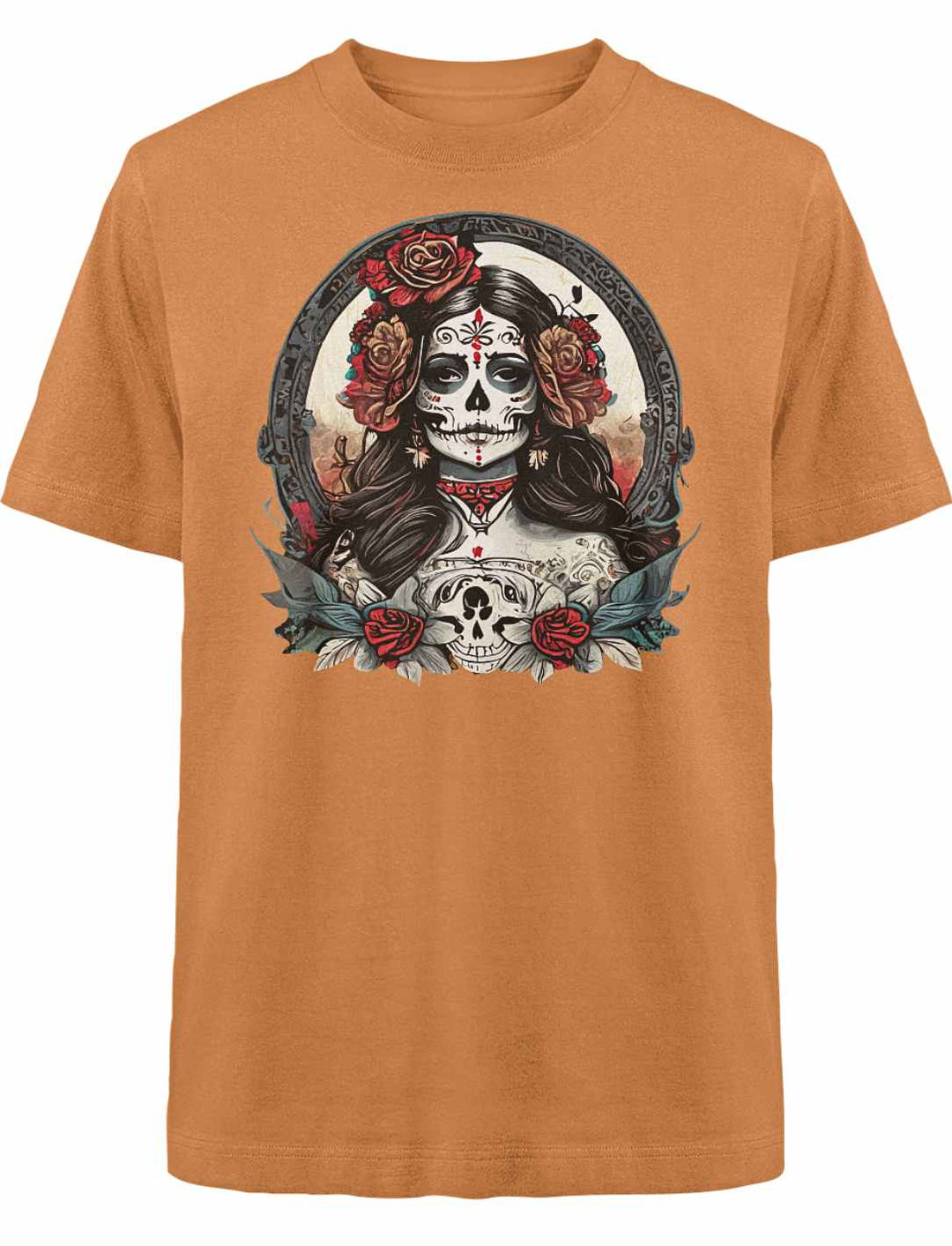 La Catrina Oversized Shirt in Day Fall (Orange) auf weißem Hintergrund, mexikanische Legende in einem modernen Design.