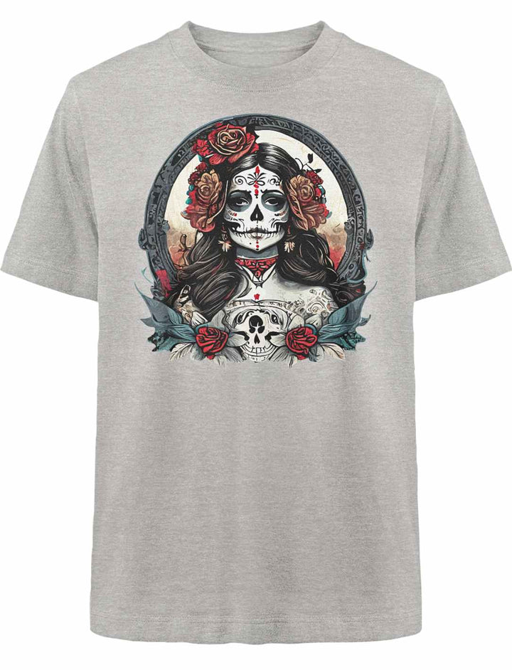 La Catrina Oversized Shirt in Heather Grey auf weißem Hintergrund, inspiriert von mexikanischem Día de los Muertos.