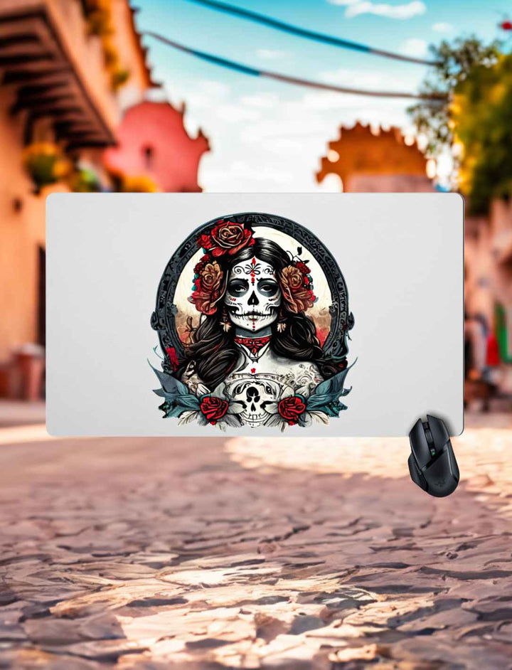 La Catrina Gaming Mousepad vor dem Hintergrund einer typischen mexikanischen Straße während des Dia de los Muertos – Runental.de